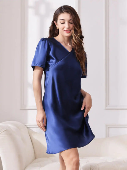 Women's 100% Mulberry Silk Puff Sleeve V-neck Short Nightgown