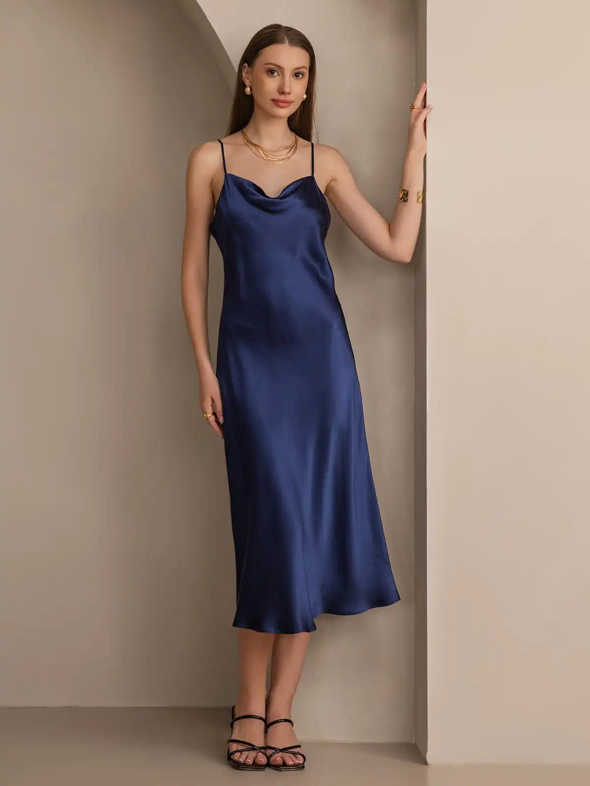 100% Mulberry Silk Cowl Neck Midi Dress