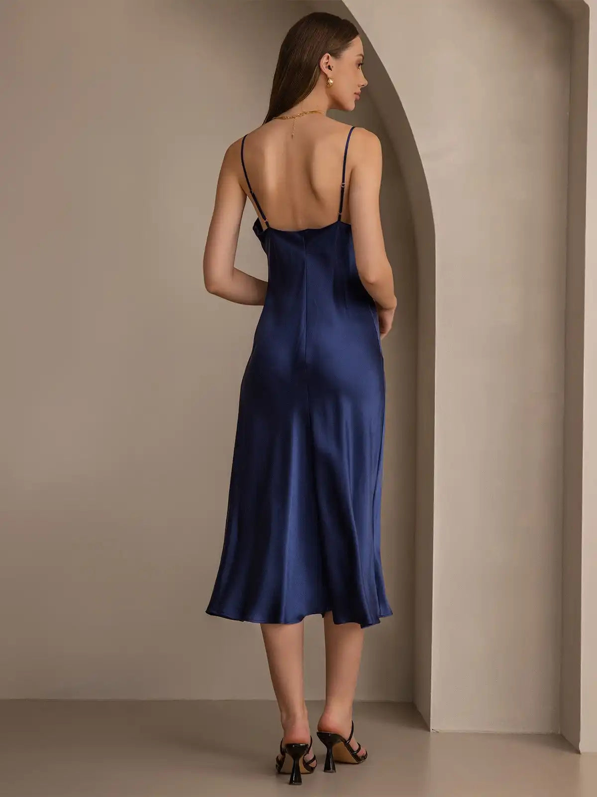 100% Mulberry Silk Cowl Neck Midi Dress
