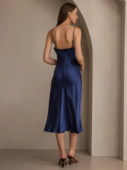 100% Mulberry Silk Cowl Neck Midi Dress