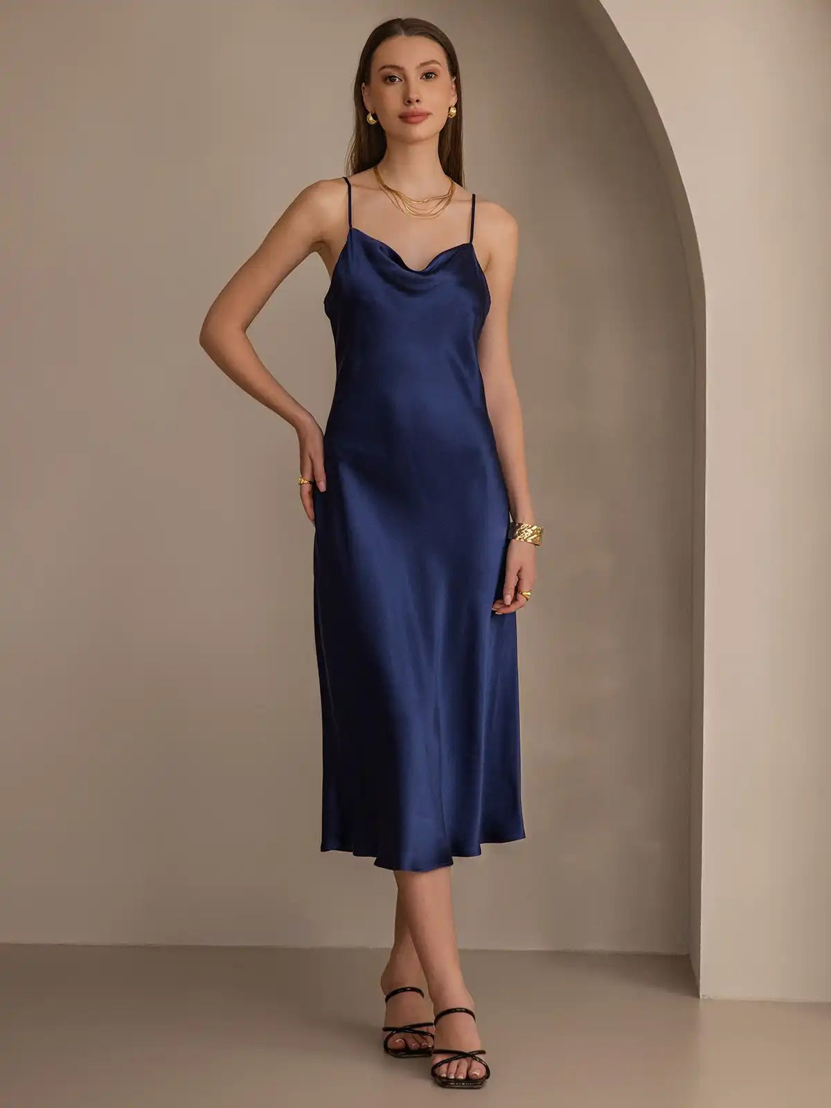 100% Mulberry Silk Cowl Neck Midi Dress