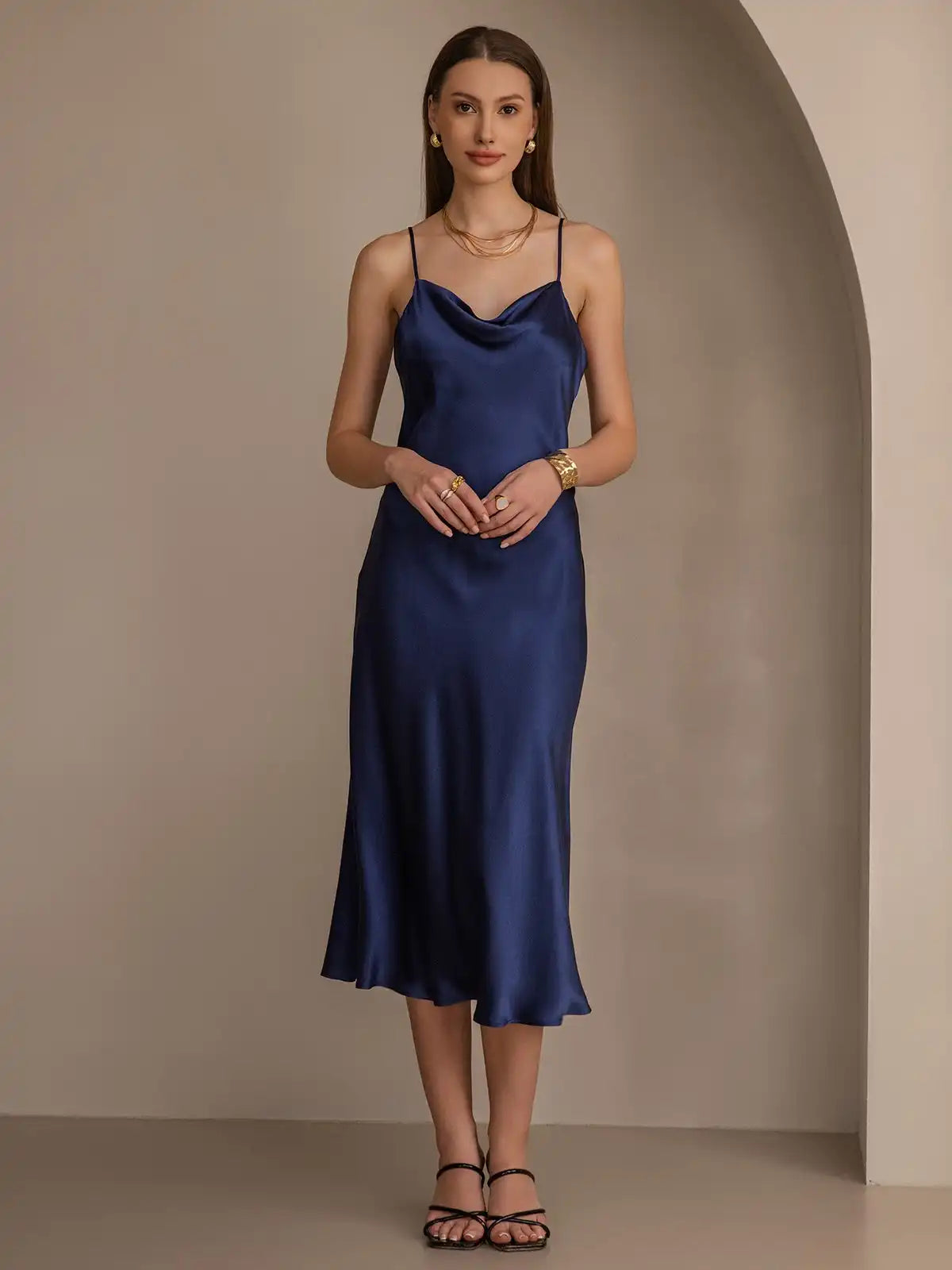 100% Mulberry Silk Cowl Neck Midi Dress
