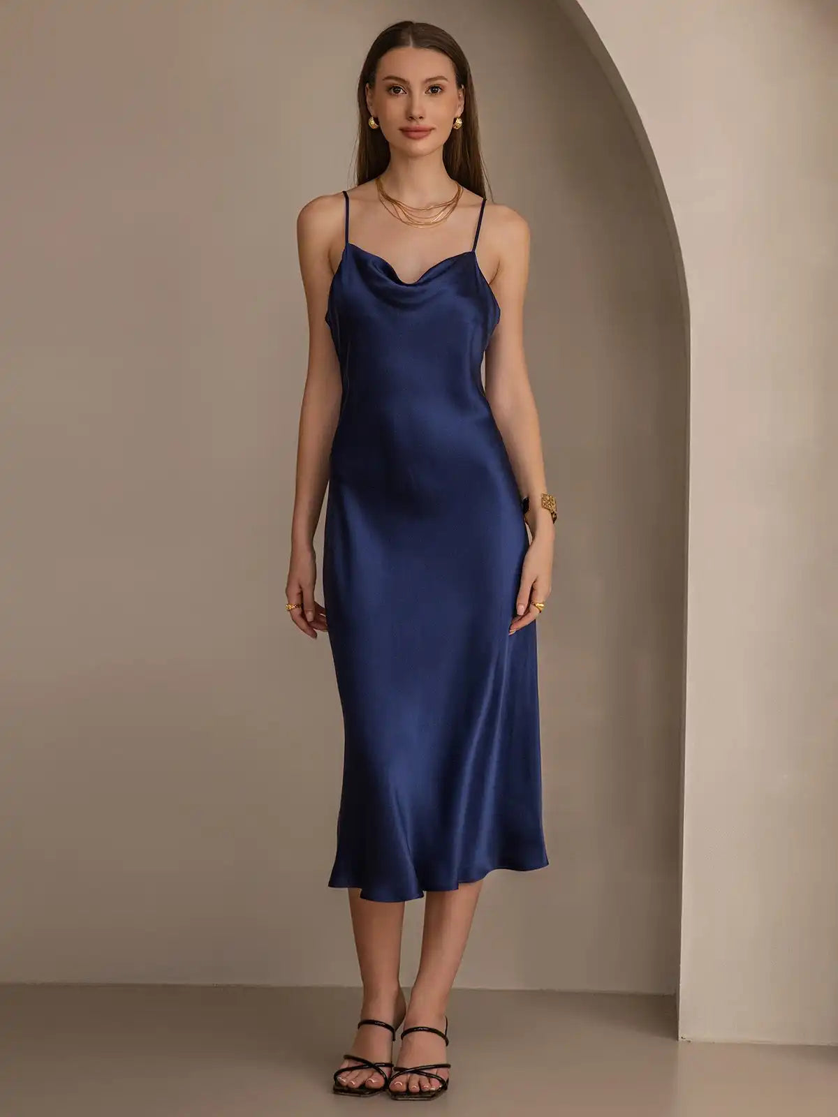 100% Mulberry Silk Cowl Neck Midi Dress