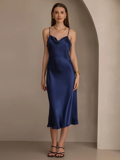 100% Mulberry Silk Cowl Neck Midi Dress