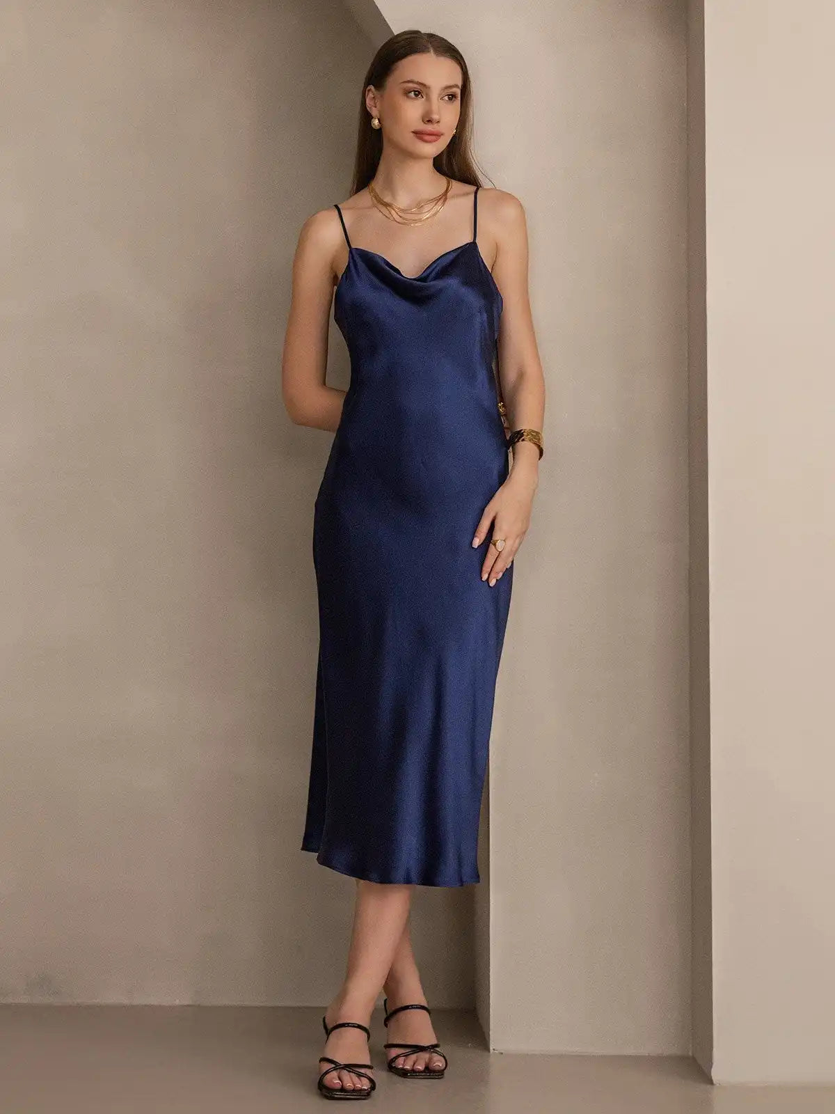 100% Mulberry Silk Cowl Neck Midi Dress