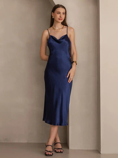 100% Mulberry Silk Cowl Neck Midi Dress