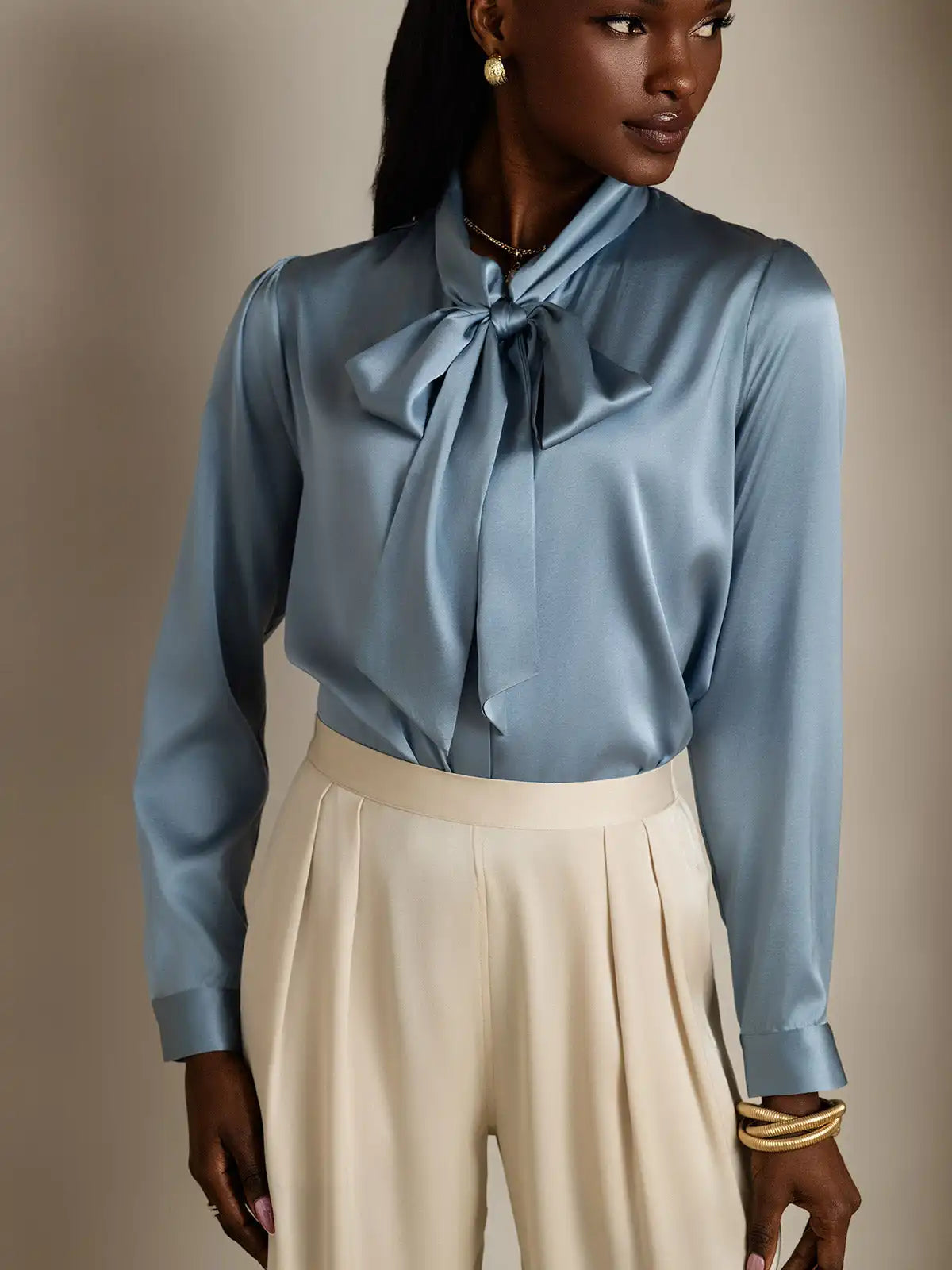 19Momme Silk Long Sleeve Tie Neck Elegant Blouse