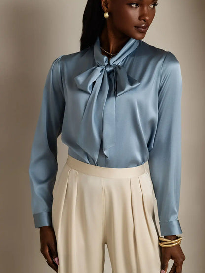 19Momme Silk Long Sleeve Tie Neck Elegant Blouse