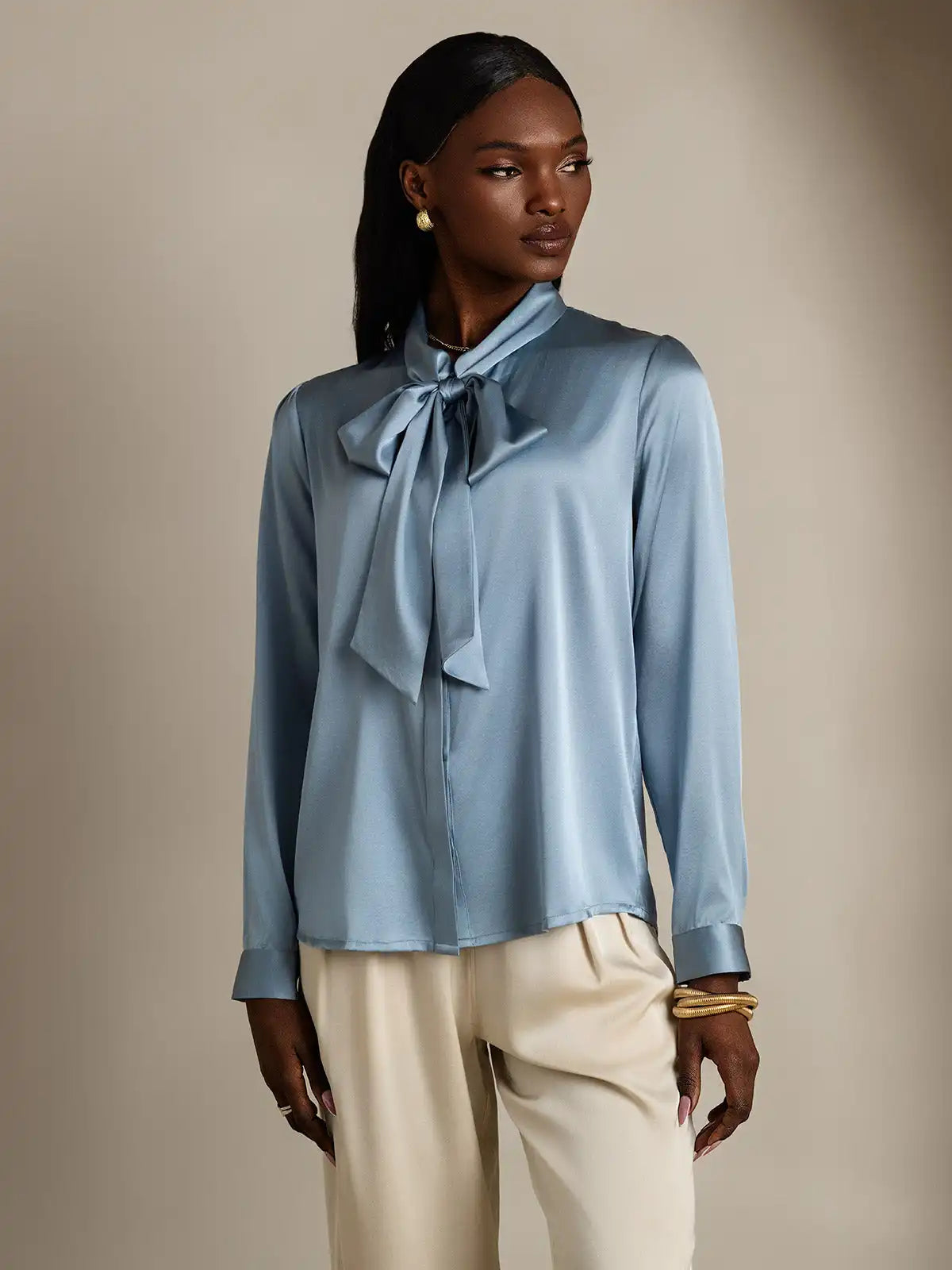 19Momme Silk Long Sleeve Tie Neck Elegant Blouse