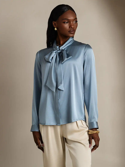 19Momme Silk Long Sleeve Tie Neck Elegant Blouse