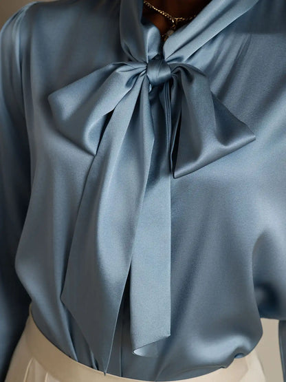 19Momme Silk Long Sleeve Tie Neck Elegant Blouse