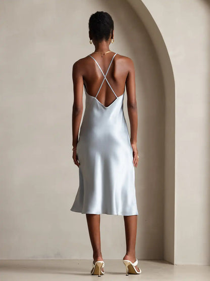 100% Mulberry Silk Spaghetti Strap V Neck Midi Dress with Criss Cross Back Design