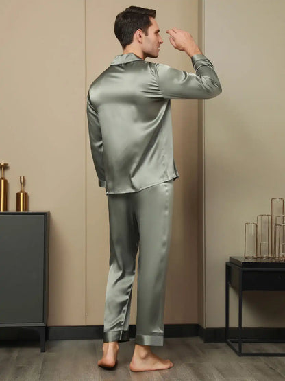 Men's 100% Mulberry Silk Long Sleeve Lapel Collar Pajamas Set