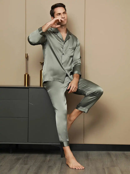 Men's 100% Mulberry Silk Long Sleeve Lapel Collar Pajamas Set