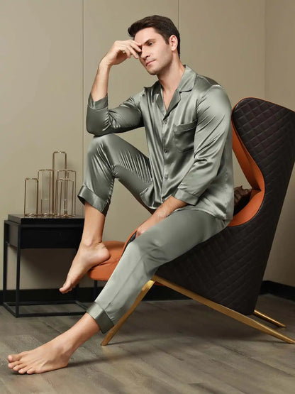 Men's 100% Mulberry Silk Long Sleeve Lapel Collar Pajamas Set