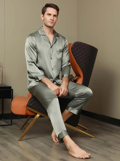 Men's 100% Mulberry Silk Long Sleeve Lapel Collar Pajamas Set