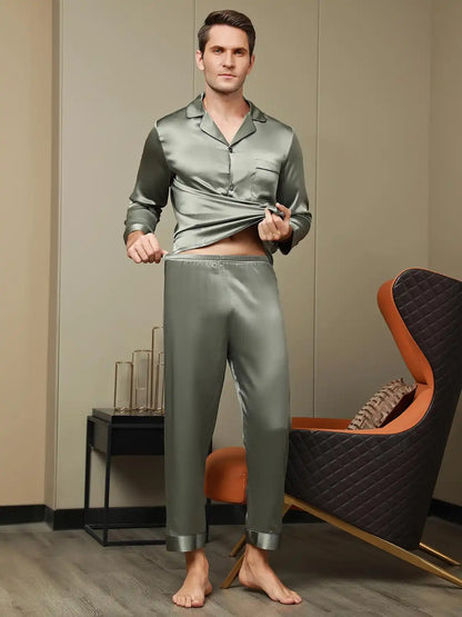 Men's 100% Mulberry Silk Long Sleeve Lapel Collar Pajamas Set
