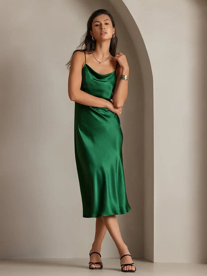 100% Mulberry Silk Cowl Neck Midi Dress