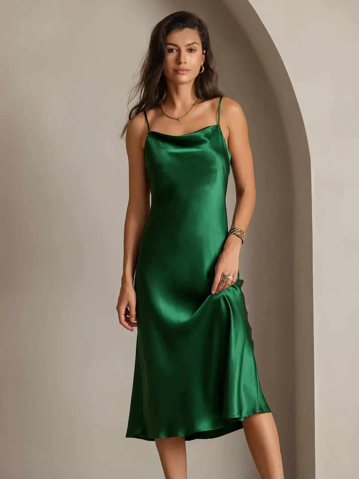 100% Mulberry Silk Cowl Neck Midi Dress