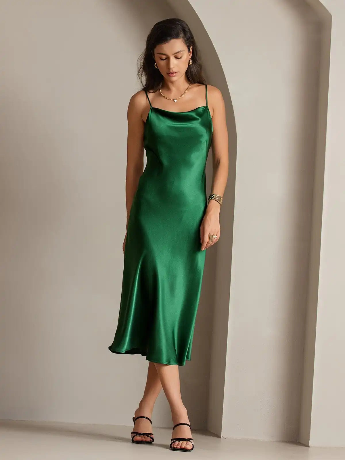 100% Mulberry Silk Cowl Neck Midi Dress