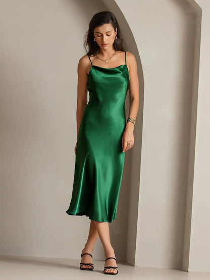 100% Mulberry Silk Cowl Neck Midi Dress