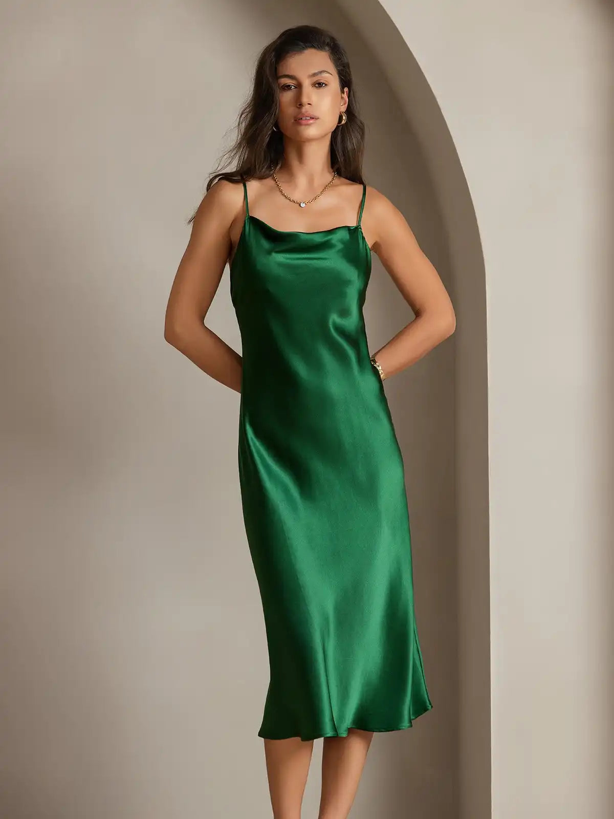 100% Mulberry Silk Cowl Neck Midi Dress