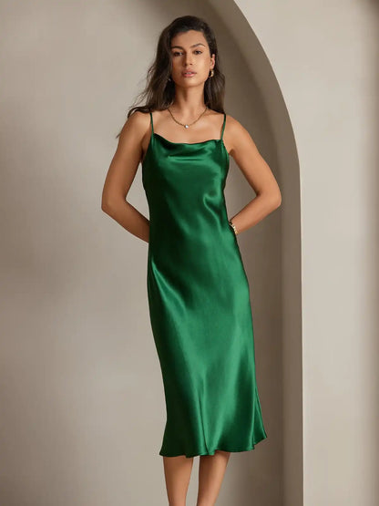 100% Mulberry Silk Cowl Neck Midi Dress