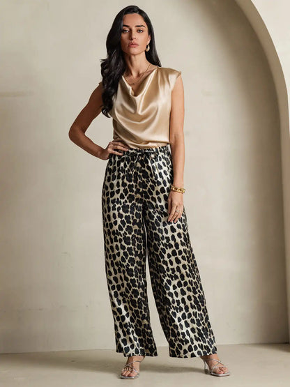 Women's 100% Mulberry Silk Leopard Print Wide Leg Pants