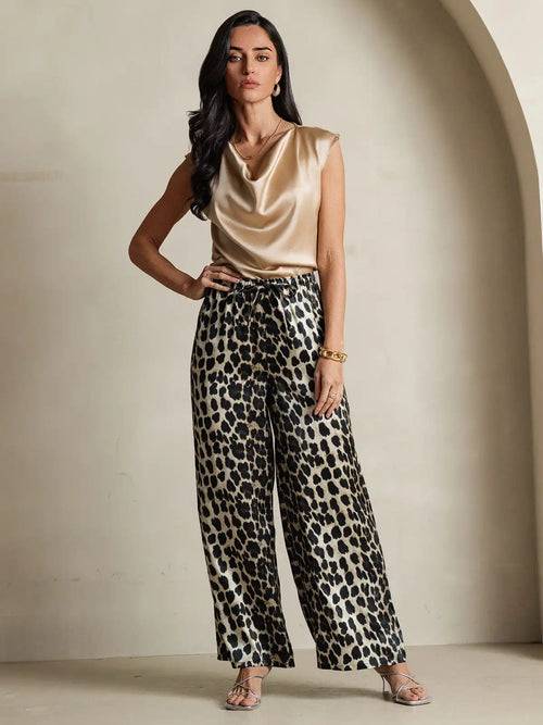 Women's 100% Mulberry Silk Leopard Print Wide Leg Pants
