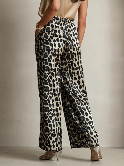 Women's 100% Mulberry Silk Leopard Print Wide Leg Pants