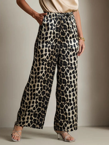 Women's 100% Mulberry Silk Leopard Print Wide Leg Pants