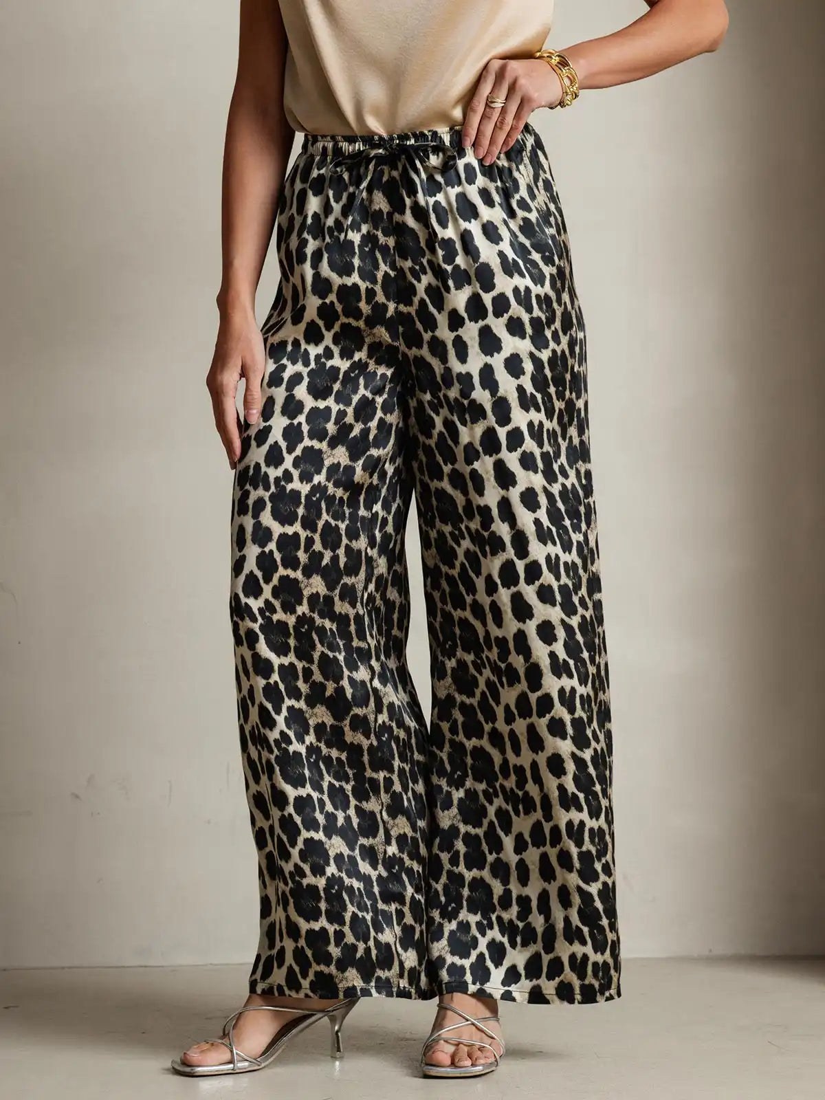 Women's 100% Mulberry Silk Leopard Print Wide Leg Pants