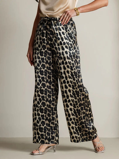 Women's 100% Mulberry Silk Leopard Print Wide Leg Pants
