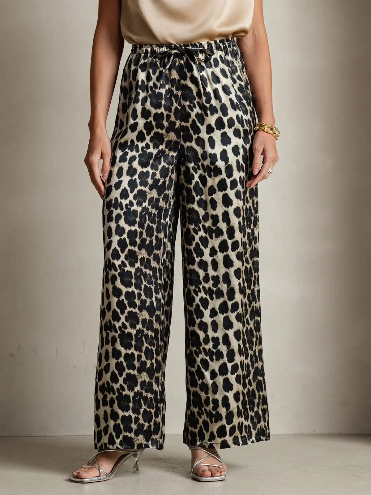 Women's 100% Mulberry Silk Leopard Print Wide Leg Pants