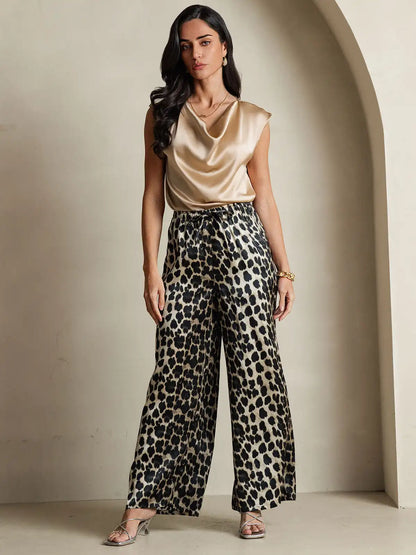 Women's 100% Mulberry Silk Leopard Print Wide Leg Pants