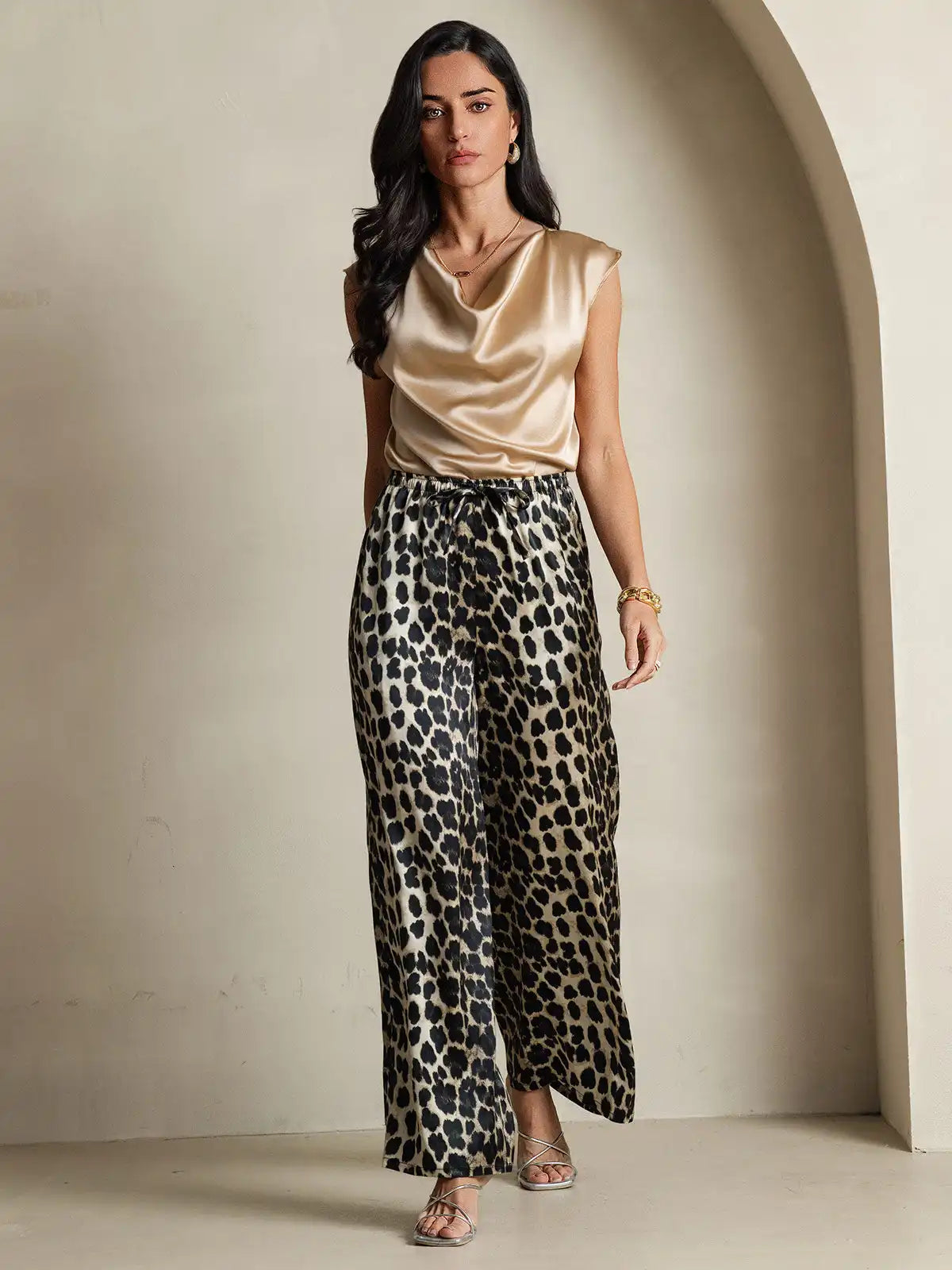 Women's 100% Mulberry Silk Leopard Print Wide Leg Pants