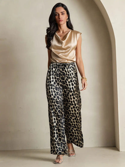 Women's 100% Mulberry Silk Leopard Print Wide Leg Pants
