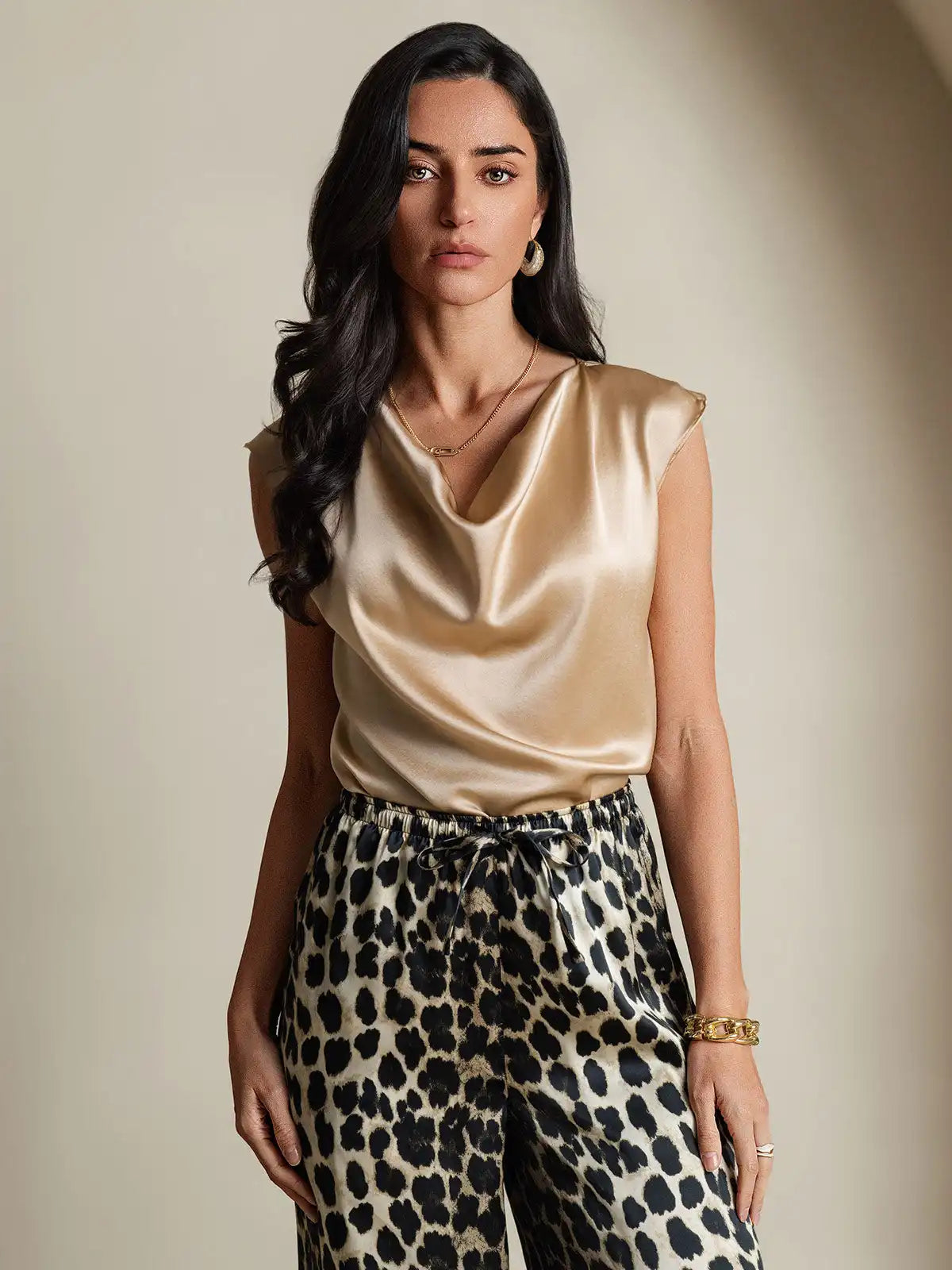Women's 100% Mulberry Silk Leopard Print Wide Leg Pants