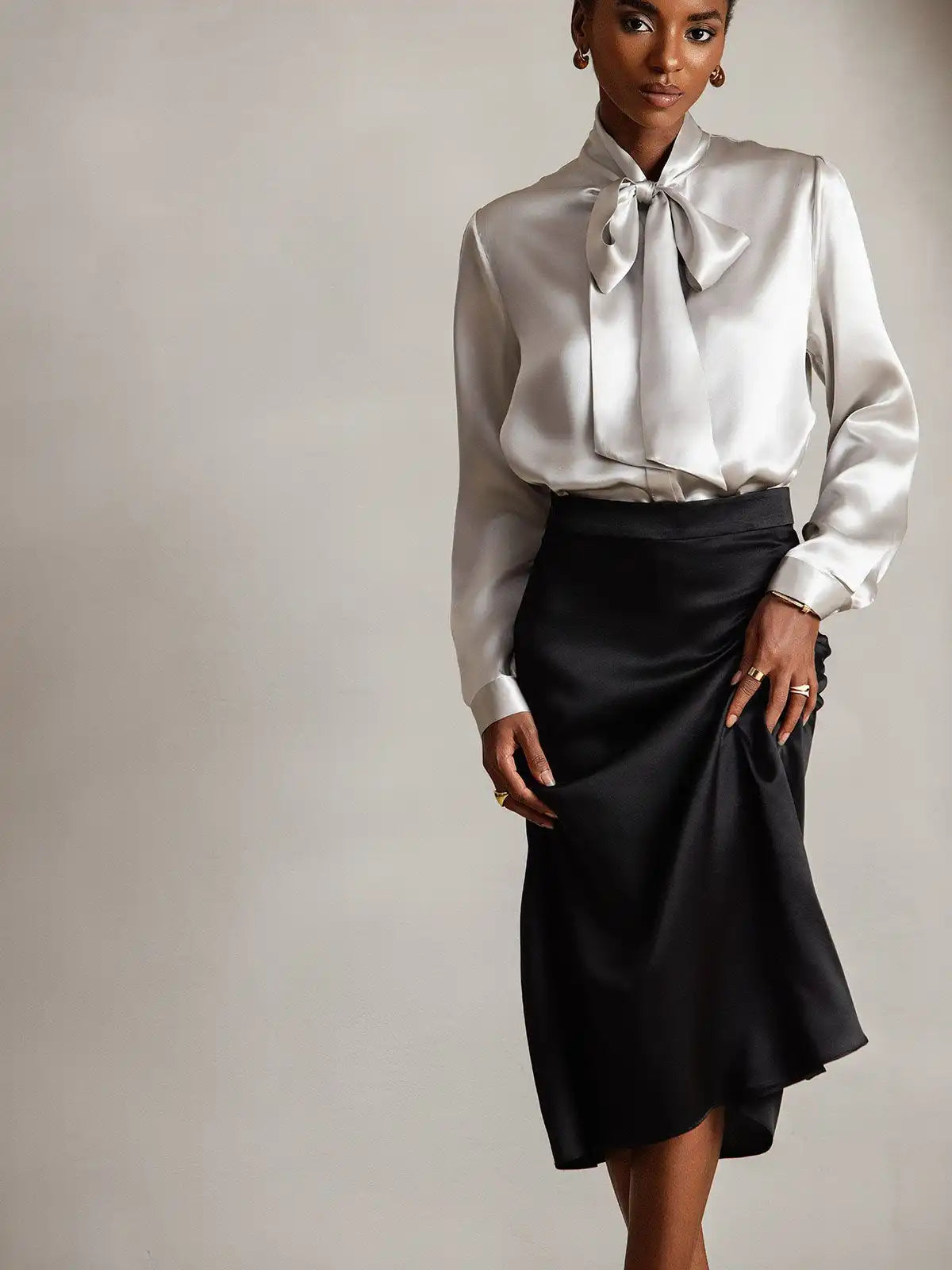 19Momme Silk Long Sleeve Tie Neck Elegant Blouse