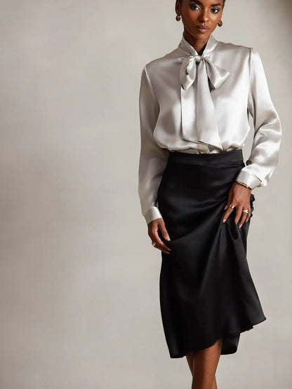 19Momme Silk Long Sleeve Tie Neck Elegant Blouse