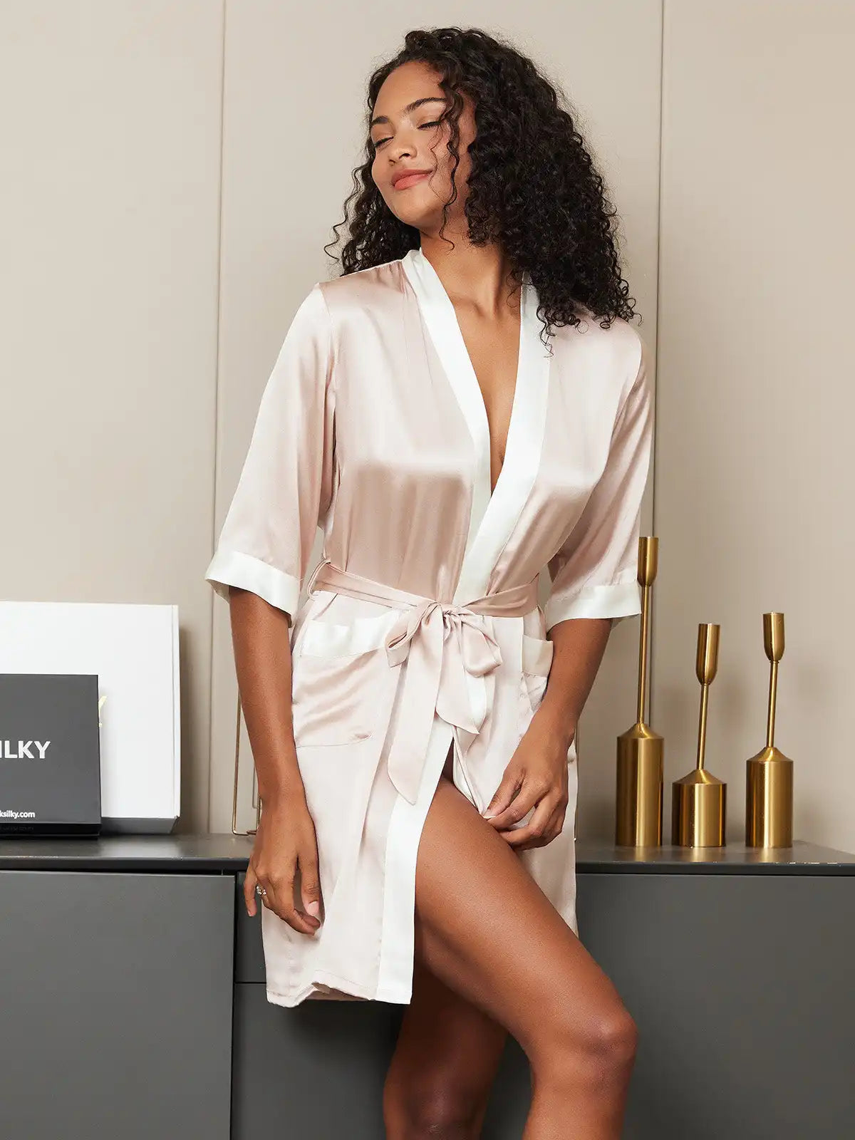 Pure Silk Half Sleeve Short Women's Kimono Wrap Robe