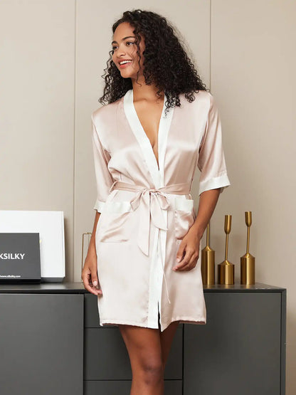 Pure Silk Half Sleeve Short Women's Kimono Wrap Robe