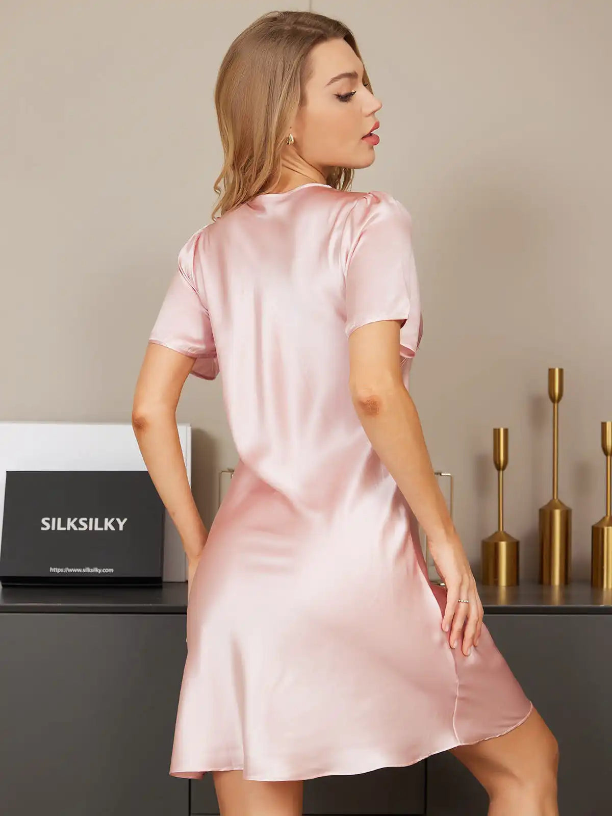 Women's 100% Mulberry Silk Puff Sleeve V-neck Short Nightgown