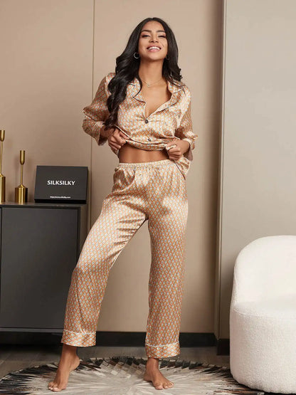 Women's 100% Mulberry Silk Geometric Print Long Sleeve Pajamas Set With Pants