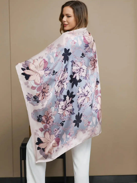 100% Mulberry Silk Floral Pattern Square Scarf / Shawl 86x86cm