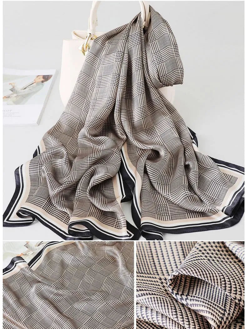 100% Mulberry Silk Glen Plaid Printed Long Rectangle Shawl Scarf 170x53cm