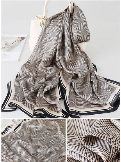 100% Mulberry Silk Glen Plaid Printed Long Rectangle Shawl Scarf 170x53cm