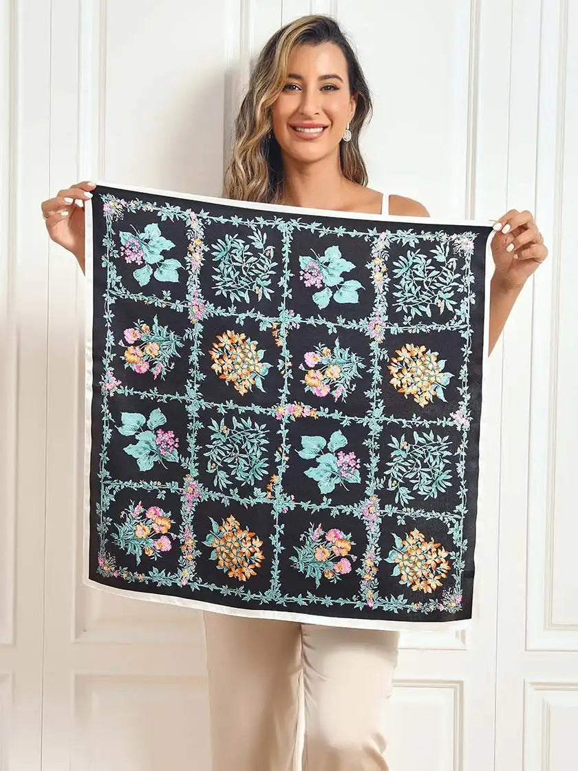 100% Mulberry Silk Floral Pattern Square Scarf 68x68cm/26.8
