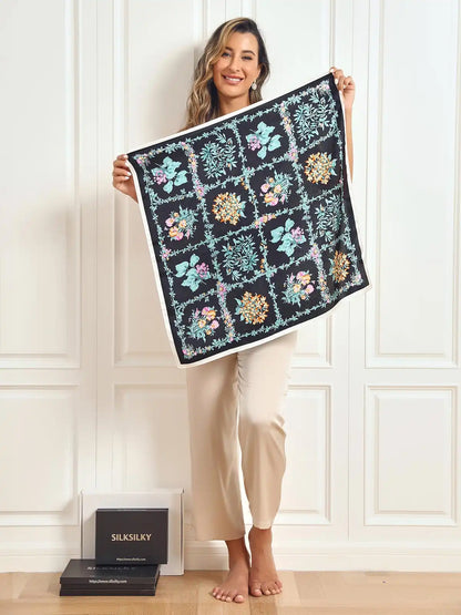 100% Mulberry Silk Floral Pattern Square Scarf 68x68cm/26.8