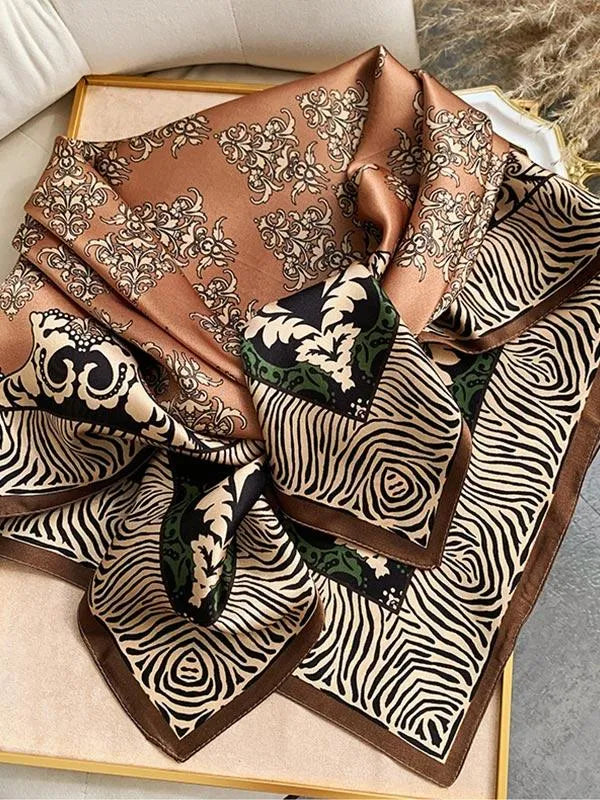 Brown Floral 100% Mulberry Silk Square Scarf 88x88cm